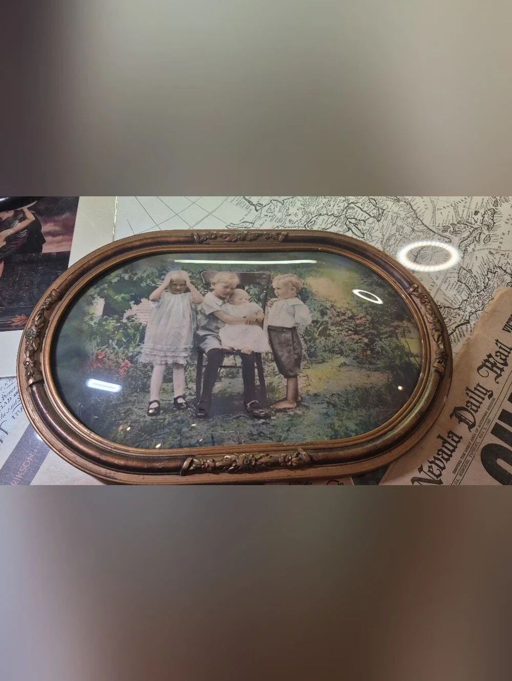 Ornate Oval Picture Frame in Bronze Finish with Vintage Family Print Convex Glas